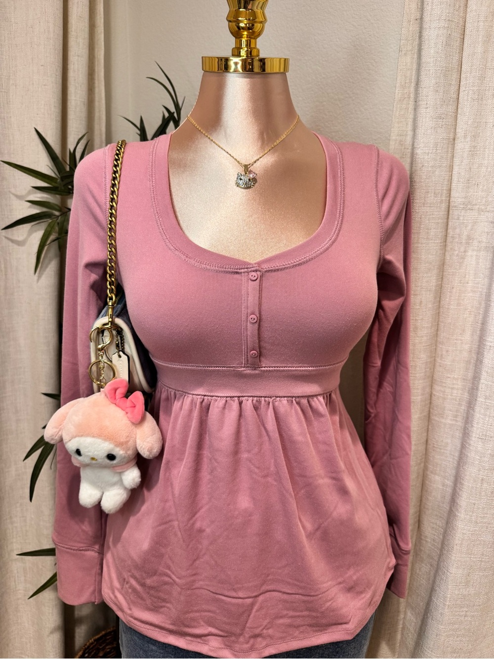 Y2k style Rose Pink Long-Sleeve Scoop Neck Henley Top